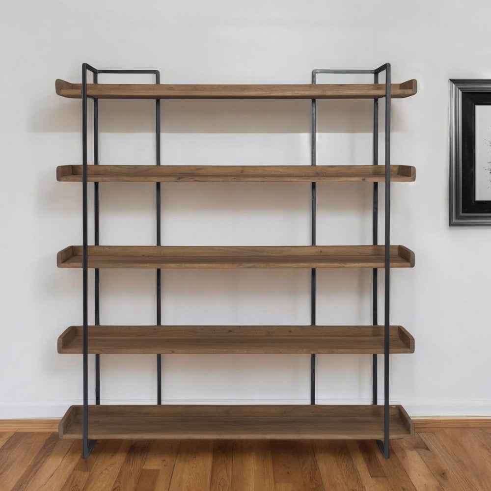 HomeRoots 76" Stylish Brown and Black Metal Wood Five-Tier Bookcase for Modern Living Room and Office Storage 517720