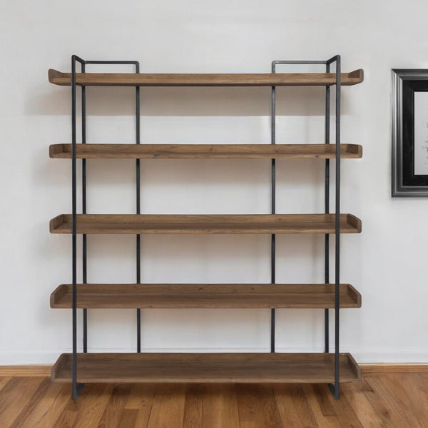 HomeRoots 76" Stylish Brown and Black Metal Wood Five-Tier Bookcase for Modern Living Room and Office Storage 517720
