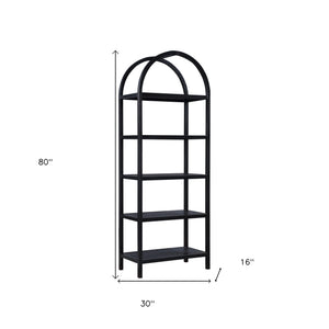Homeroots 80" Black Oak Wood Five Tier Arched Top Bookcase   517727
