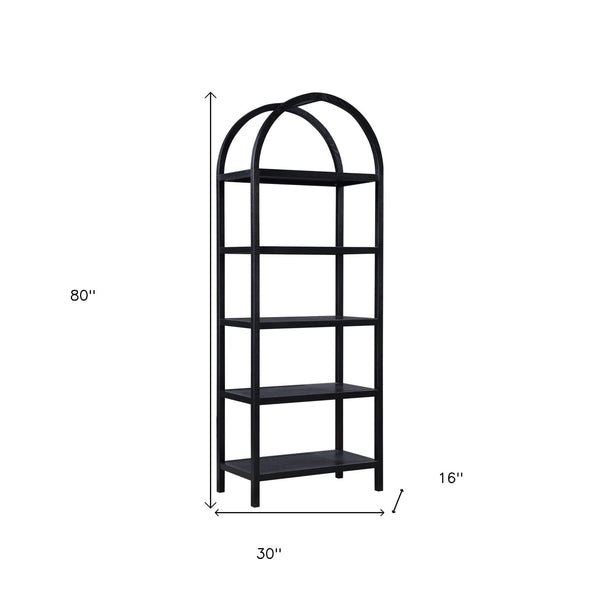Homeroots 80" Black Oak Wood Five Tier Arched Top Bookcase   517727