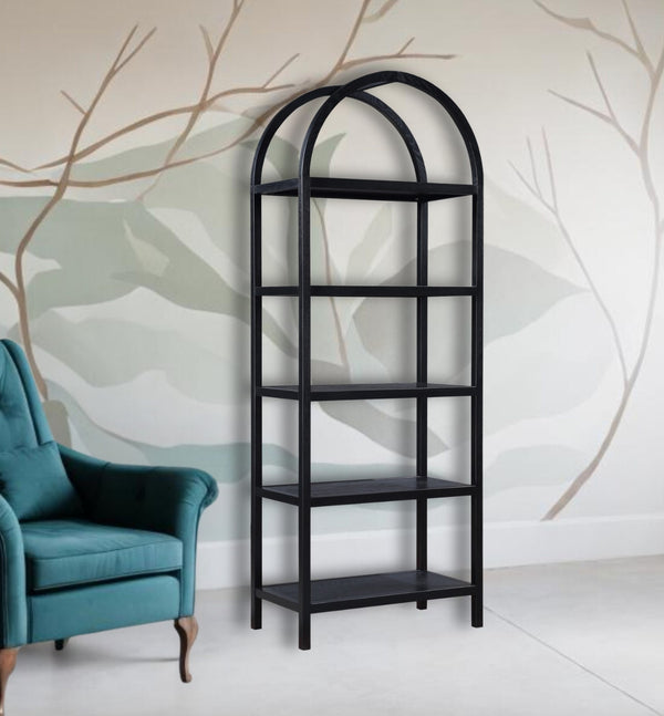 Homeroots 80" Black Oak Wood Five Tier Arched Top Bookcase   517727