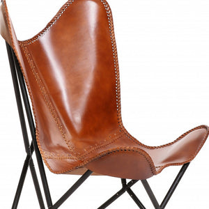 Homeroots 32" Brown And Black Genuine Leather Butterfly Chair   517744