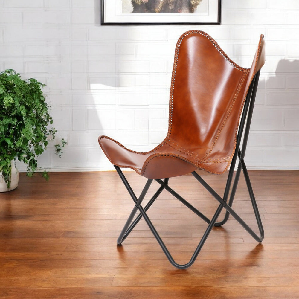 Homeroots 32" Brown And Black Genuine Leather Butterfly Chair   517744