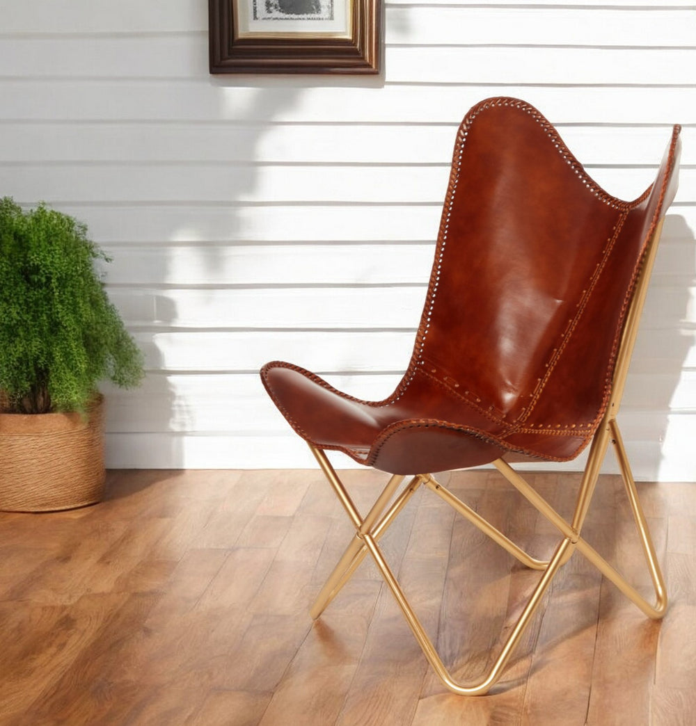 Homeroots 32" Brown And Gold Genuine Leather Butterfly Chair   517745