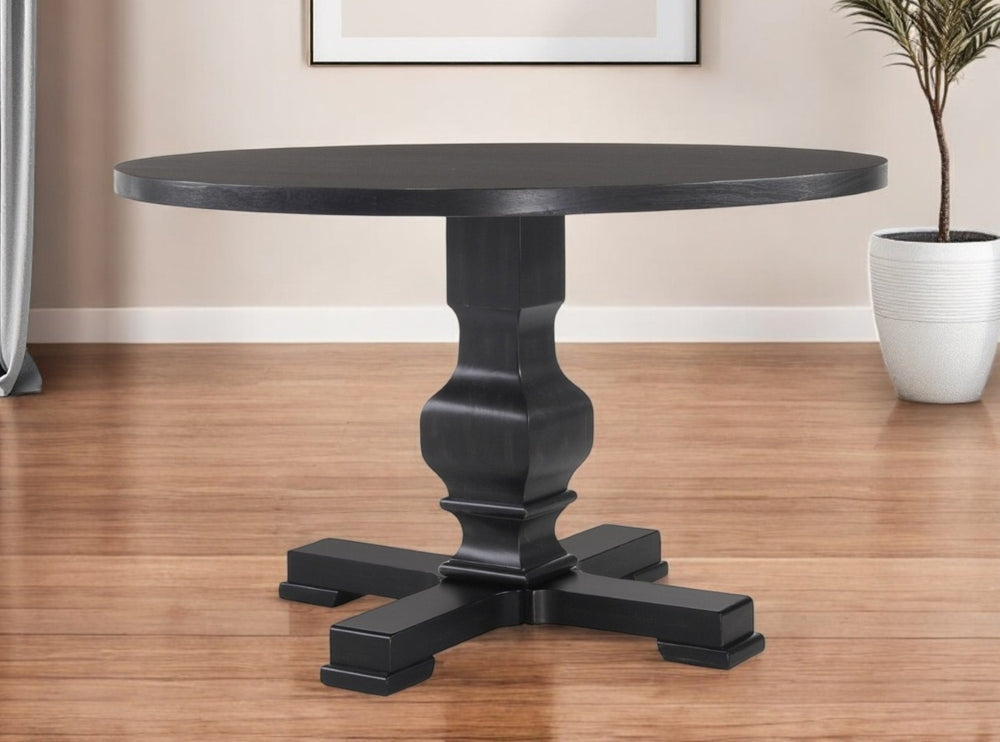 HomeRoots 47" Black Rounded Solid Wood Pedestal Table – Stylish, Durable, and Perfect for Cozy Family Gatherings 517746