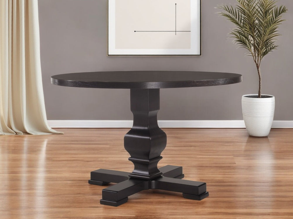 HomeRoots 47" Black Rounded Solid Wood Pedestal Dining Table - Elegant, Space-Saving Design for 4 Guests! 517747