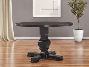 HomeRoots 47" Black Rounded Solid Wood Pedestal Dining Table - Elegant, Space-Saving Design for 4 Guests! 517747