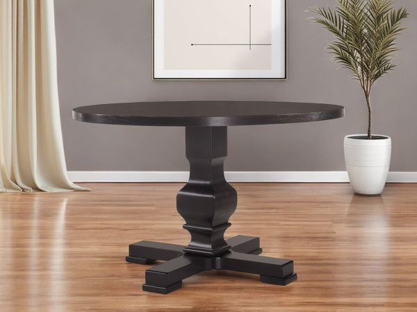 HomeRoots 47" Black Rounded Solid Wood Pedestal Dining Table - Elegant, Space-Saving Design for 4 Guests! 517747