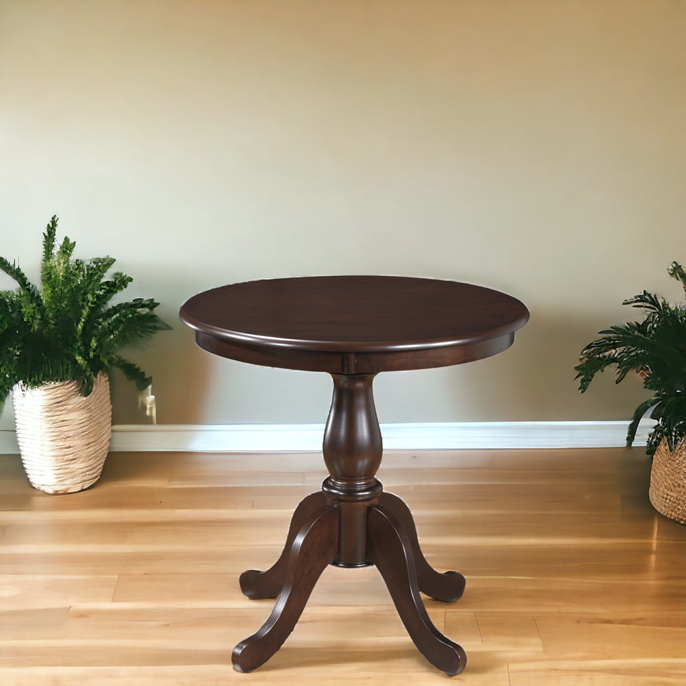 Homeroots 30" Espresso Rounded Solid Manufactured Wood And Solid Wood Pedestal Base Dining Table   517749