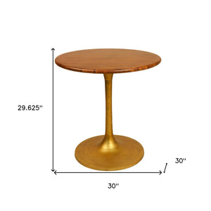 HomeRoots 30" Elegant Round Solid Wood Dining Table with Gold Iron Pedestal Base – Perfect for Cozy Spaces! 517765
