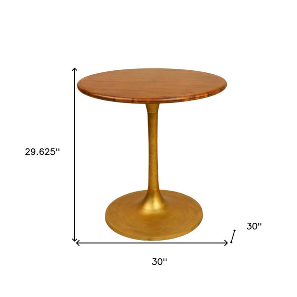 HomeRoots 30" Elegant Round Solid Wood Dining Table with Gold Iron Pedestal Base – Perfect for Cozy Spaces! 517765