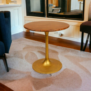 HomeRoots 30" Elegant Round Solid Wood Dining Table with Gold Iron Pedestal Base – Perfect for Cozy Spaces! 517765