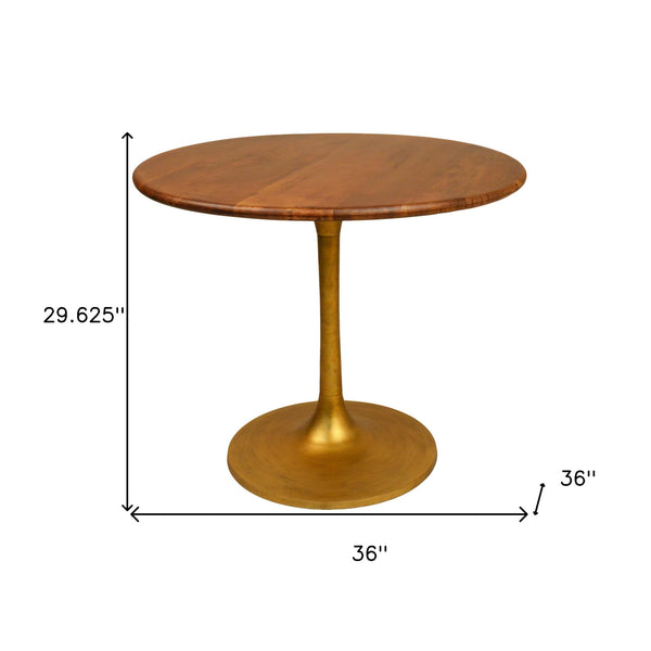 Homeroots 36" Brown And Gold Rounded Solid Wood And Iron Pedestal Base Dining Table   517767
