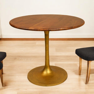 Homeroots 36" Brown And Gold Rounded Solid Wood And Iron Pedestal Base Dining Table   517767