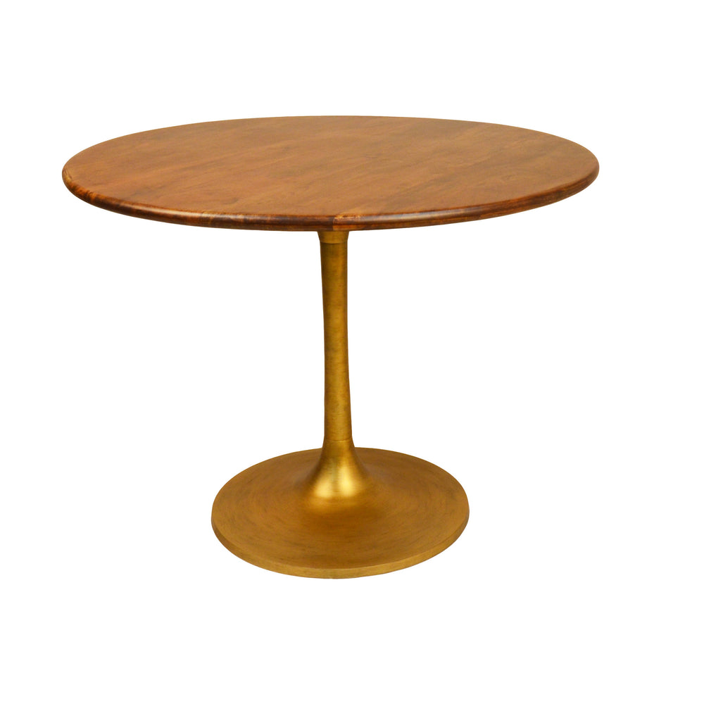 Homeroots 40" Brown And Gold Rounded Solid Wood And Iron Pedestal Base Dining Table   517769