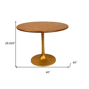Homeroots 40" Brown And Gold Rounded Solid Wood And Iron Pedestal Base Dining Table   517769