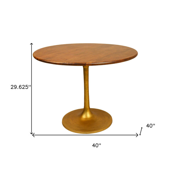 Homeroots 40" Brown And Gold Rounded Solid Wood And Iron Pedestal Base Dining Table   517769