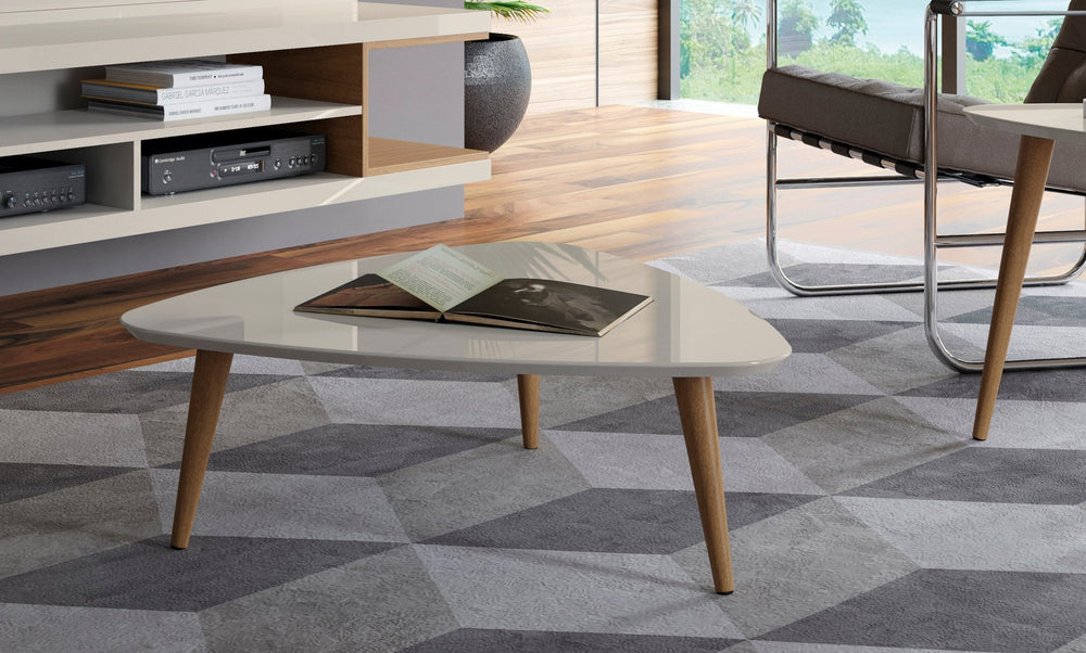English Elm Utopia 34" Triangle Coffee Table Off White — Sleek Lacquered MDF Top, Solid Wood Splayed Legs, Durable Elegance B365P398086