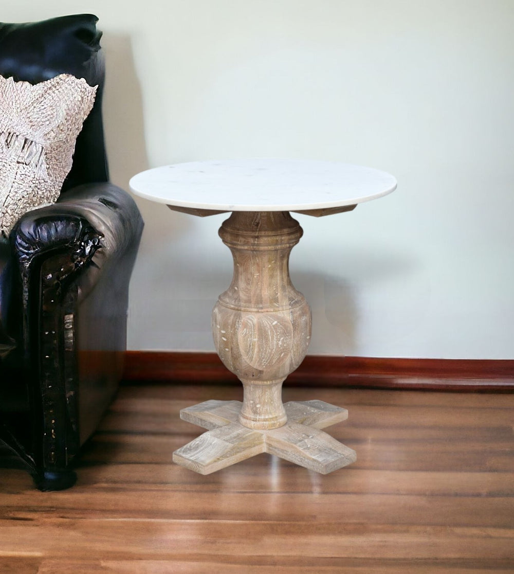 Homeroots 26" Brown Marble And Solid Wood Round End Table   517826