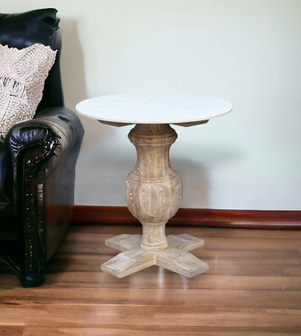 Homeroots 26" Brown Marble And Solid Wood Round End Table   517826