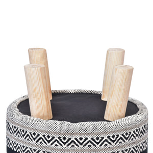 Homeroots 16" Black And White Cotton And Natural Round Chevron Ottoman   517831