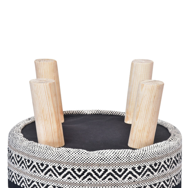 Homeroots 16" Black And White Cotton And Natural Round Chevron Ottoman   517831