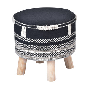 Homeroots 16" Black And White Cotton And Natural Round Chevron Ottoman   517831