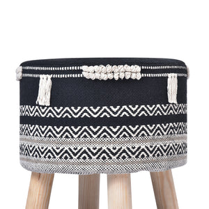 Homeroots 16" Black And White Cotton And Natural Round Chevron Ottoman   517831