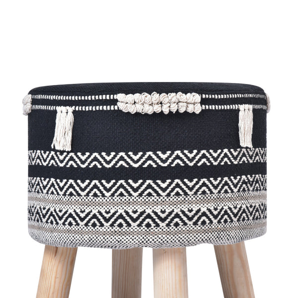 Homeroots 16" Black And White Cotton And Natural Round Chevron Ottoman   517831