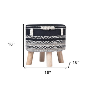 Homeroots 16" Black And White Cotton And Natural Round Chevron Ottoman   517831