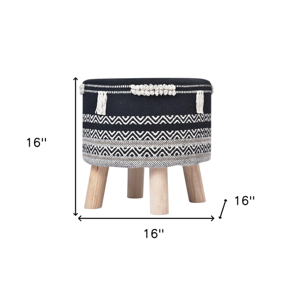Homeroots 16" Black And White Cotton And Natural Round Chevron Ottoman   517831