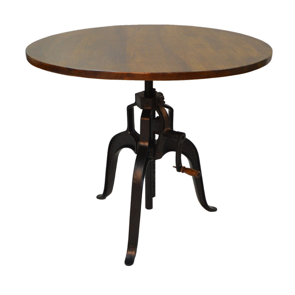 Homeroots Adjustable Height Brown And Black Solid Wood And Iron Pedestal Base Round Top Dining Table   517843