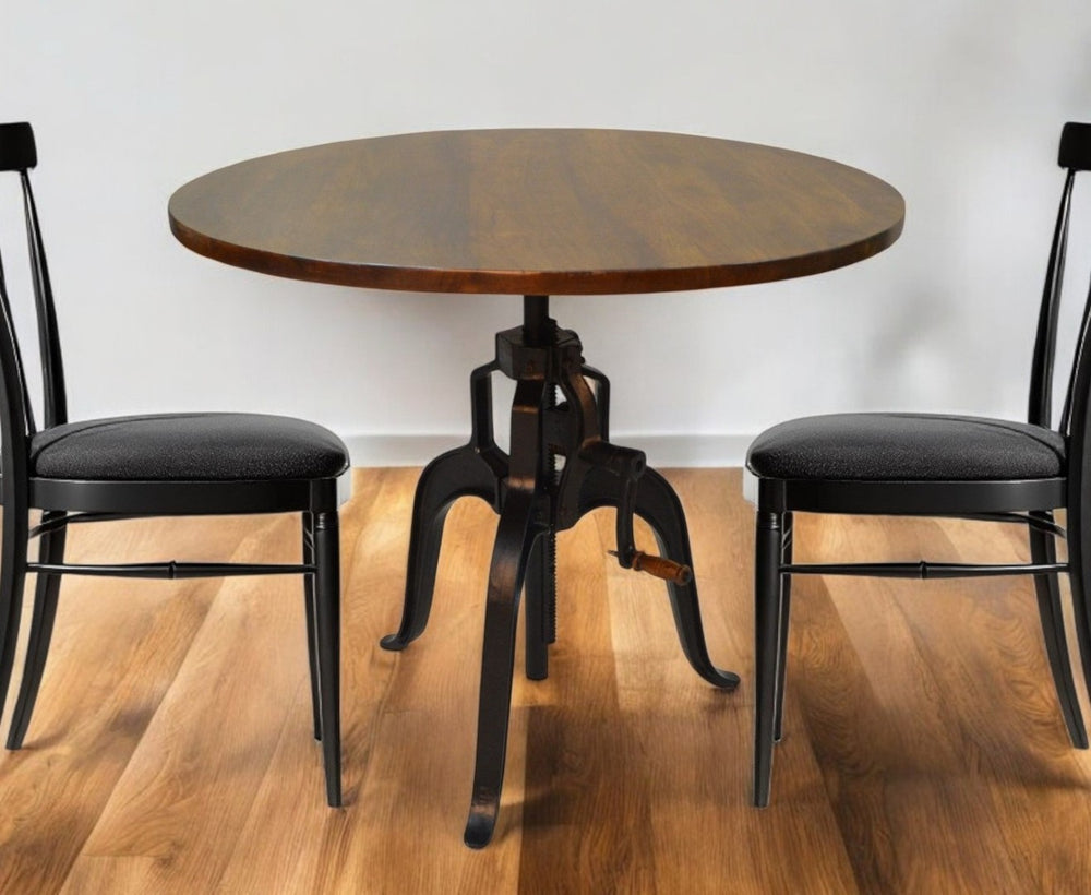 HomeRoots Adjustable Round Dining Table with Solid Wood Top and Iron Pedestal Base for Modern Spaces 517843