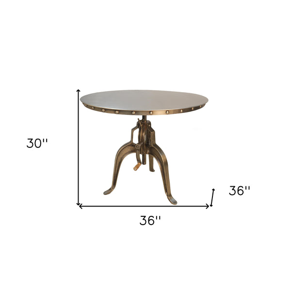Homeroots Adjustable Height Antiqued Nickel Three Leg Base Round Top Dining Table   517844
