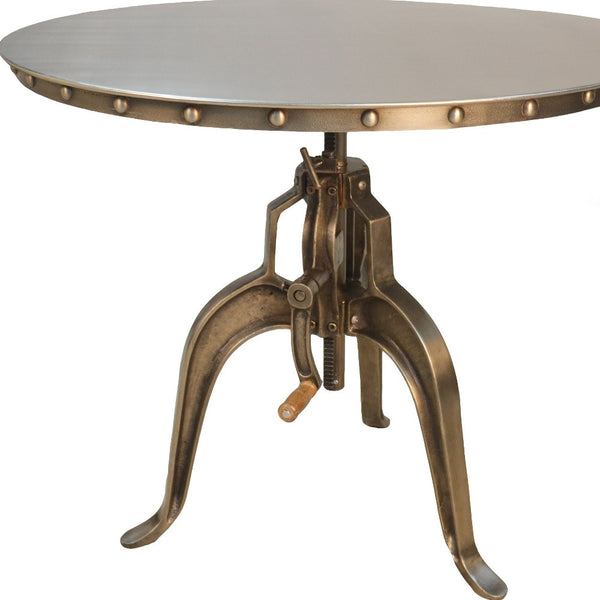 Homeroots Adjustable Height Antiqued Nickel Three Leg Base Round Top Dining Table   517844