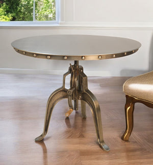 Homeroots Adjustable Height Antiqued Nickel Three Leg Base Round Top Dining Table   517844