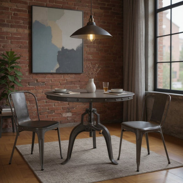 HomeRoots 36" Industrial Gray Adjustable Crank Round Dining Table - Versatile Height, Perfect for Small Spaces! 517845