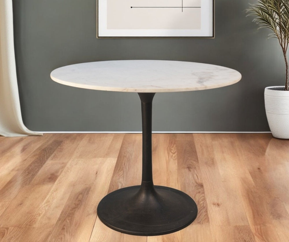 HomeRoots 36" Elegant Round Marble & Iron Pedestal Dining Table - Modern Design for Cozy Spaces & Gatherings 517849