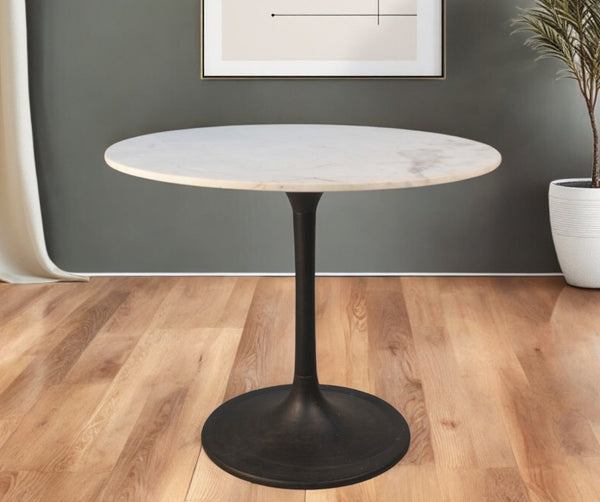 HomeRoots 36" Elegant Round Marble & Iron Pedestal Dining Table - Modern Design for Cozy Spaces & Gatherings 517849