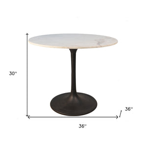 Homeroots 36" White And Black Rounded Marble And Iron Pedestal Base Dining Table   517849