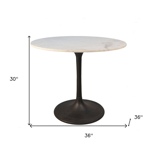 Homeroots 36" White And Black Rounded Marble And Iron Pedestal Base Dining Table   517849