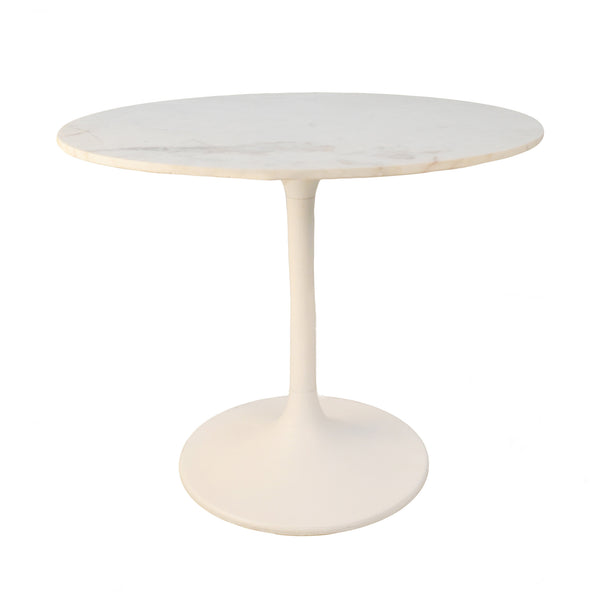Homeroots 36" White Rounded Marble And Iron Pedestal Base Dining Table   517850