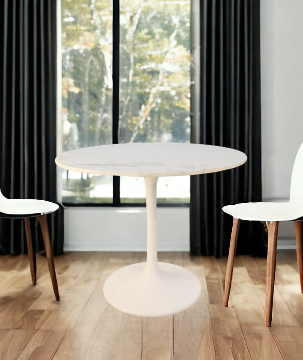 Homeroots 36" White Rounded Marble And Iron Pedestal Base Dining Table   517850