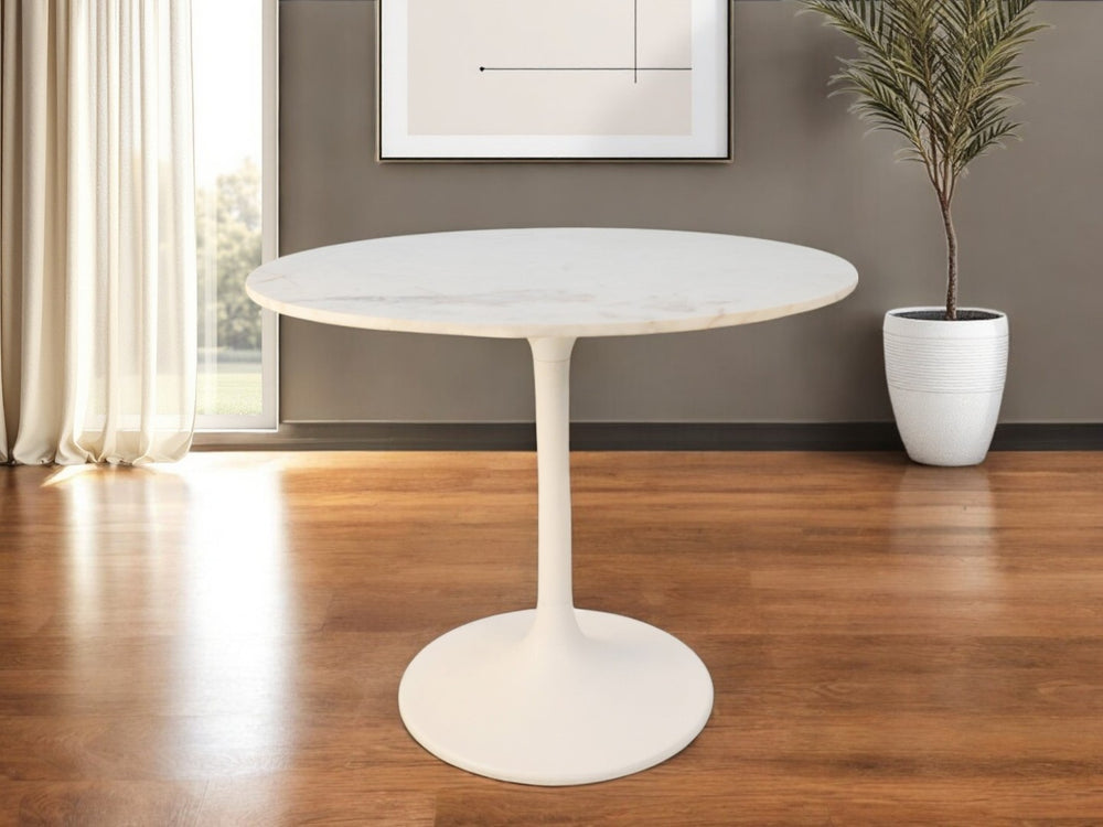 HomeRoots 36" White Marble Pedestal Dining Table - Modern Round Design for Cozy Spaces & Elegant Entertaining 517850
