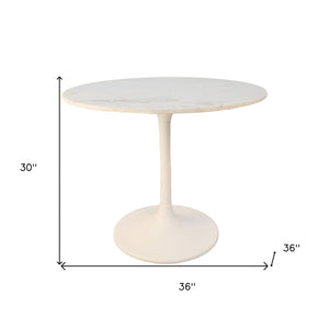 Homeroots 36" White Rounded Marble And Iron Pedestal Base Dining Table   517850