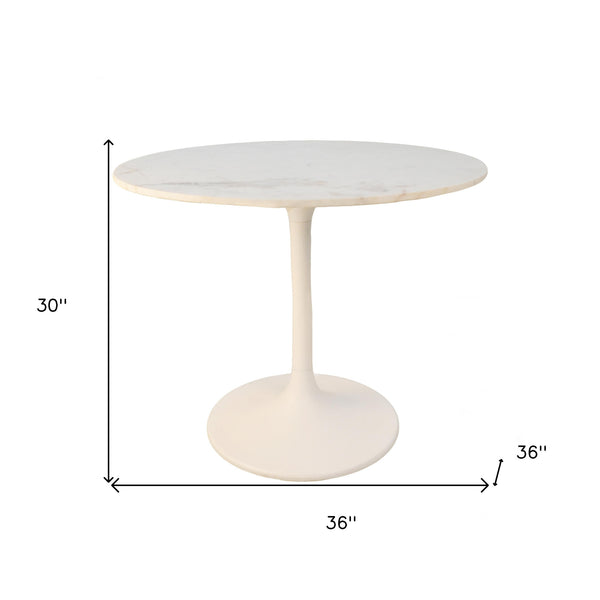 Homeroots 36" White Rounded Marble And Iron Pedestal Base Dining Table   517850