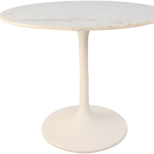 Homeroots 36" White Rounded Marble And Iron Pedestal Base Dining Table   517850