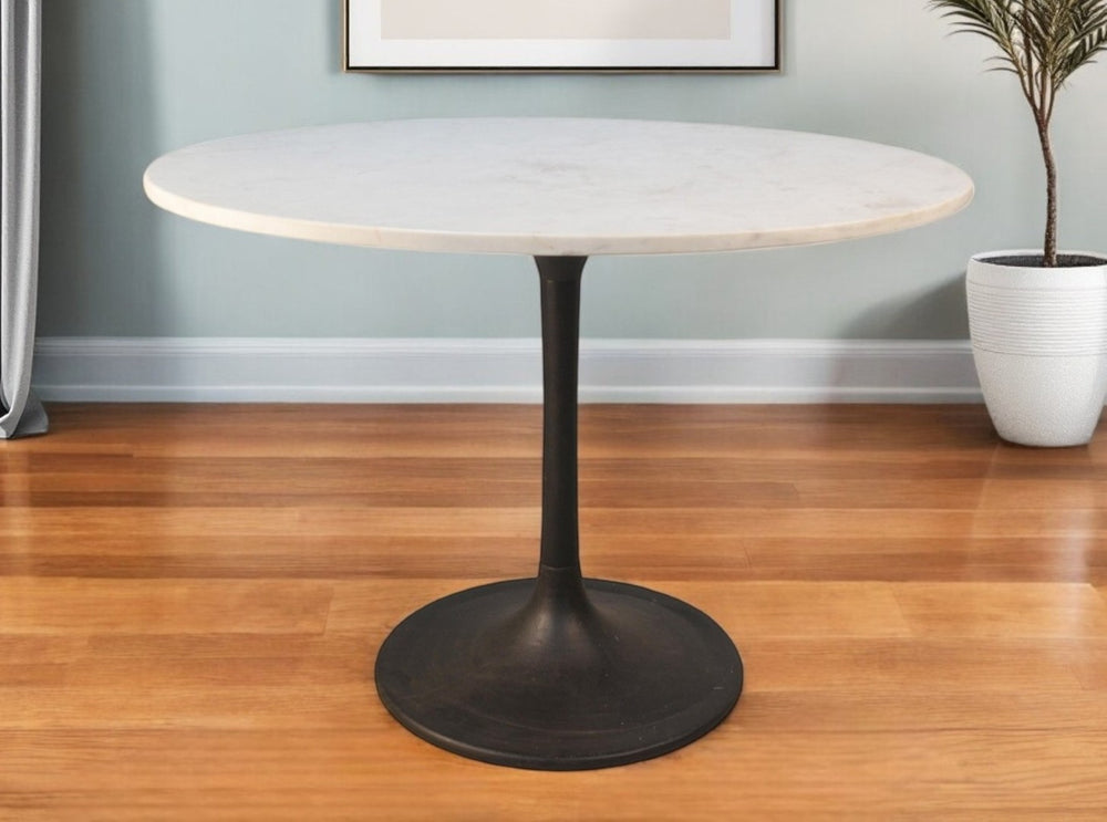 HomeRoots 40" Modern White Marble Top Dining Table with Black Iron Pedestal Base for Stylish Spaces 517851
