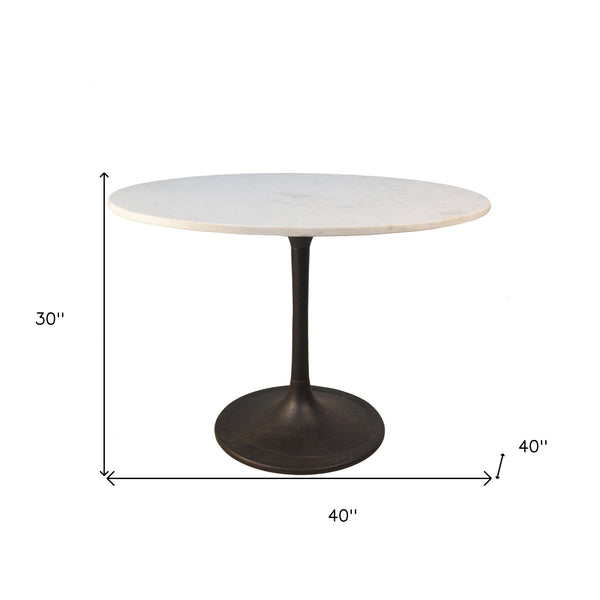Homeroots 40" White And Black Rounded Marble And Iron Pedestal Base Dining Table   517851