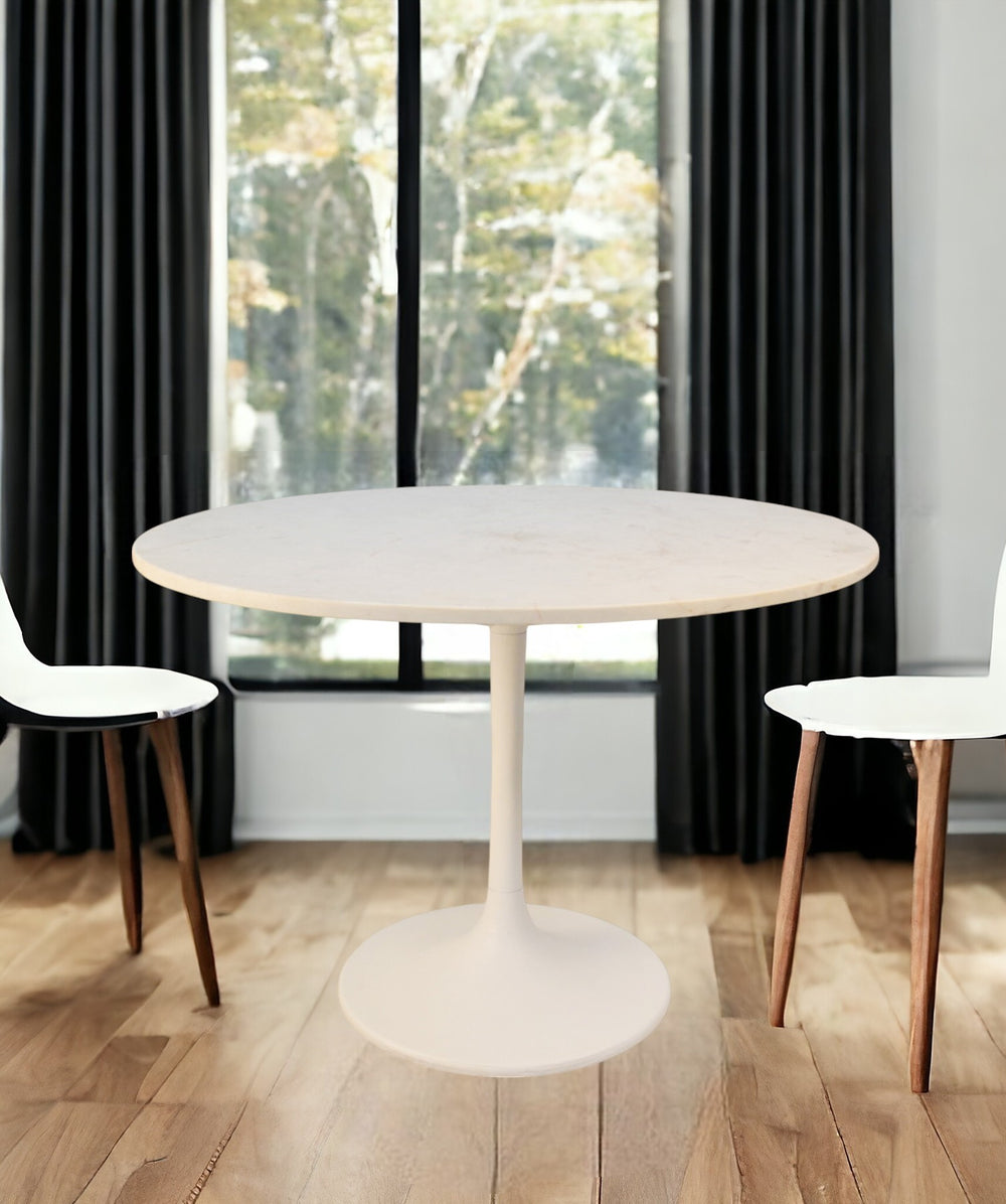 Homeroots 40" White Rounded Marble And Iron Pedestal Base Dining Table   517852